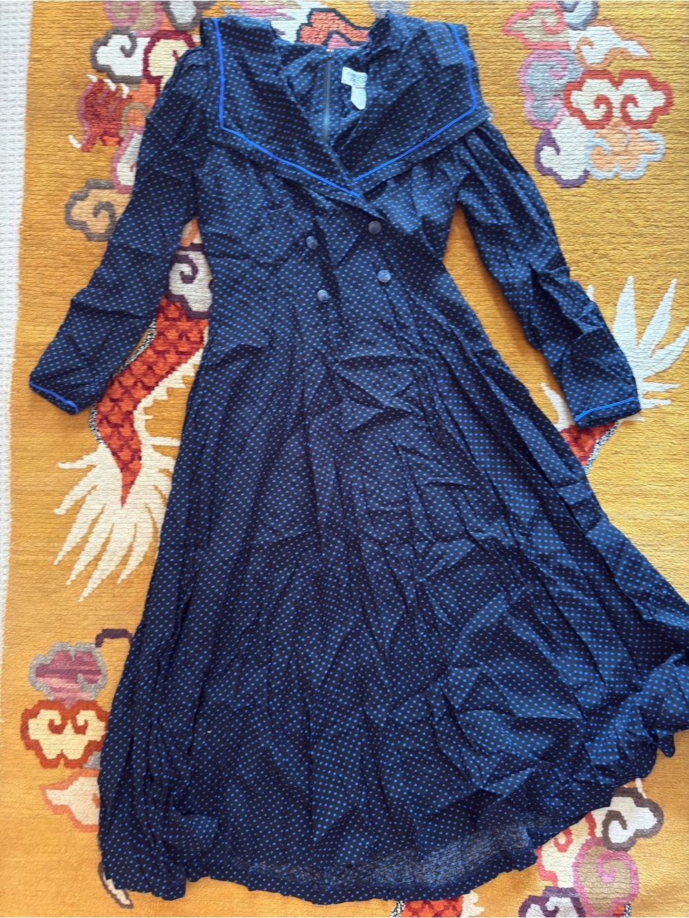 Vintage “American Design” Women’s Navy Blue Polka Dot Long Sleeve Dress